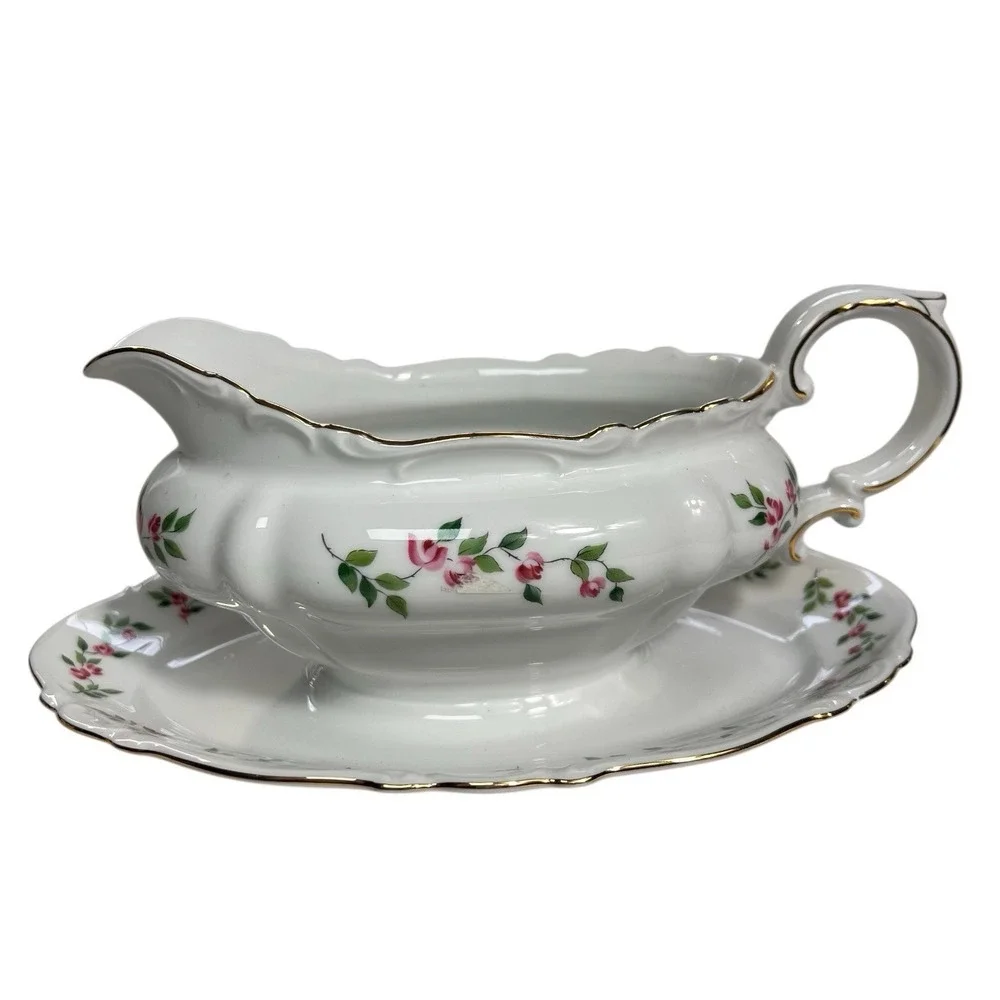 VTG Crown Bavaria Juliette Pink Roses Gravy Boat W/Attached Underplate Gold Trim